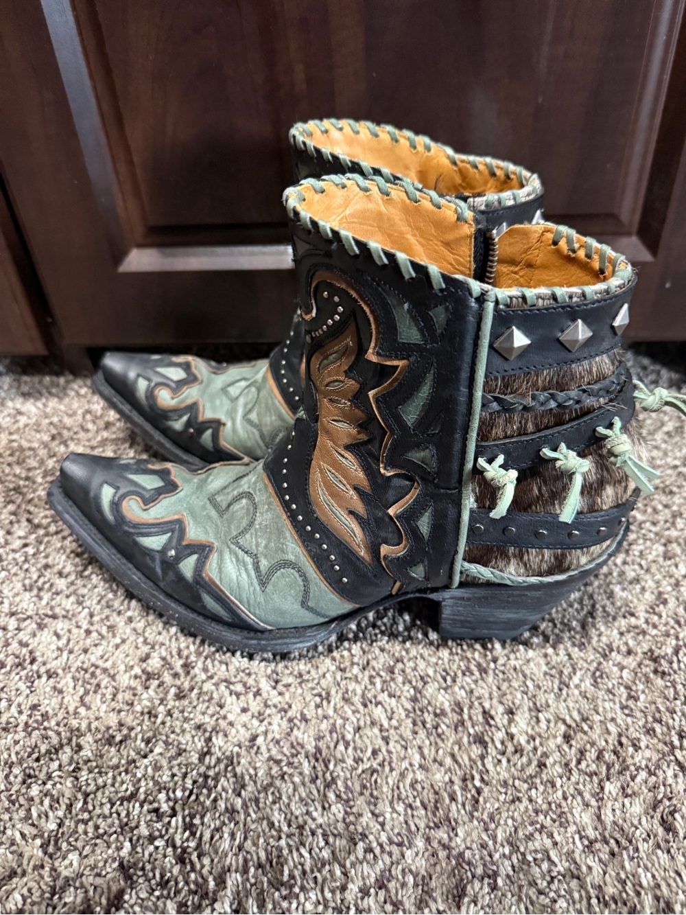 Old Gringo Eagle Flight Black & Aqua Western Cowboy Boots Booties Hair-On Hide